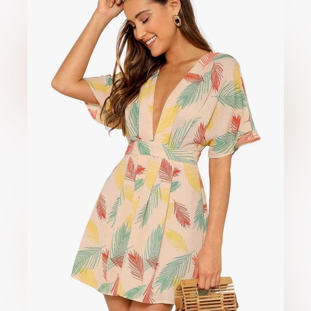 Floerns - Tropical Leaf Print Dress - Multicolor